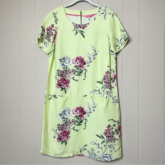Joules Linen Blend Shift Dress 6 lime green pink floral short sleeves pockets - Picture 2 of 12